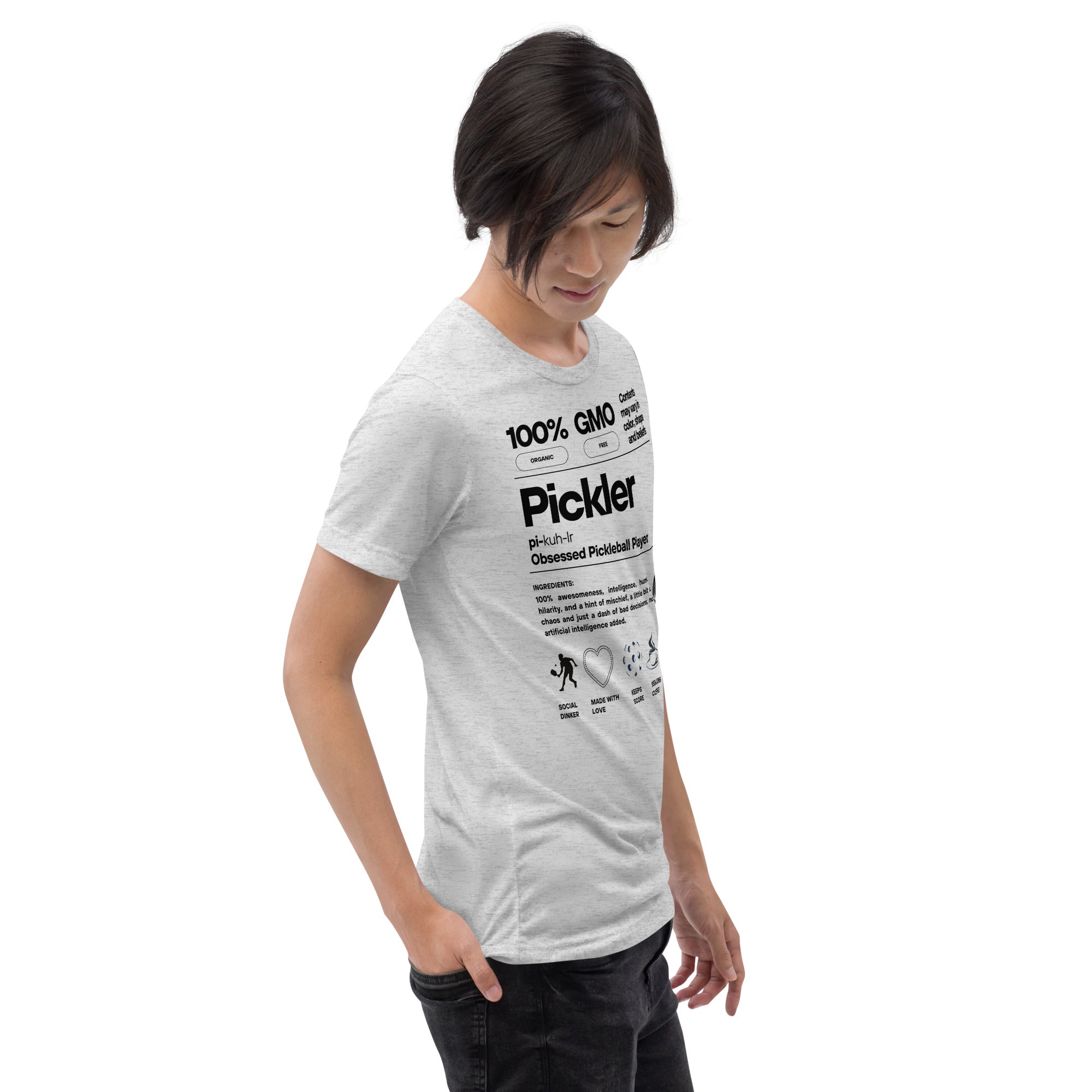 White unisex Pickler Funny Definitions T-shirt by PeaMac Pickleball Tees, featuring a tri-blend fabric and playful pickleball graphic.