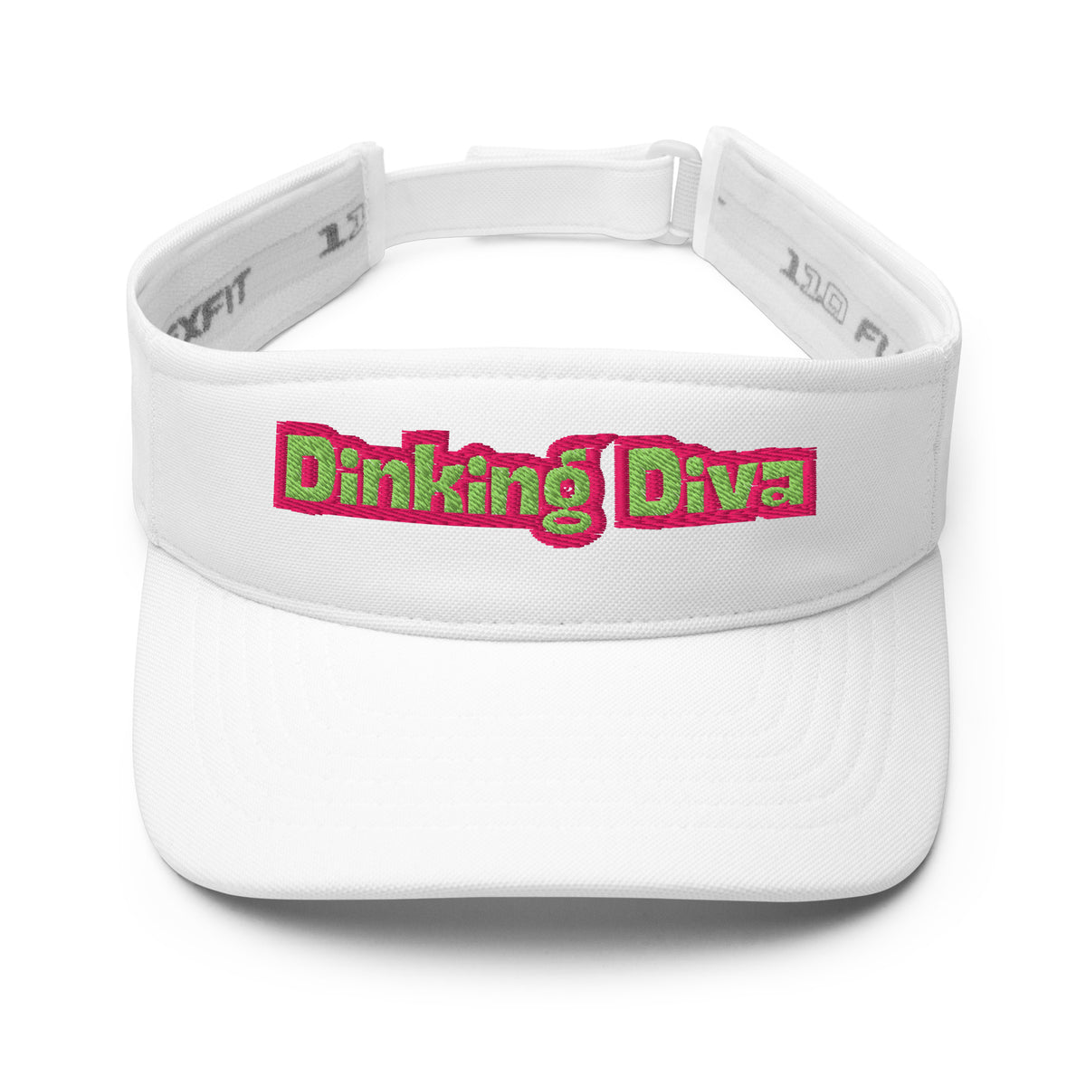 Embroidered Dinking Diva Pickleball Visor - Flamingo Pink and Kiwi Green stitching - front view - PeaMacTees