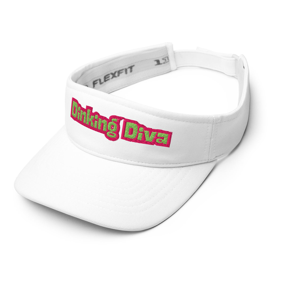 Embroidered Dinking Diva Pickleball Visor - Flamingo Pink and Kiwi Green stitching - left-front view - PeaMacTees