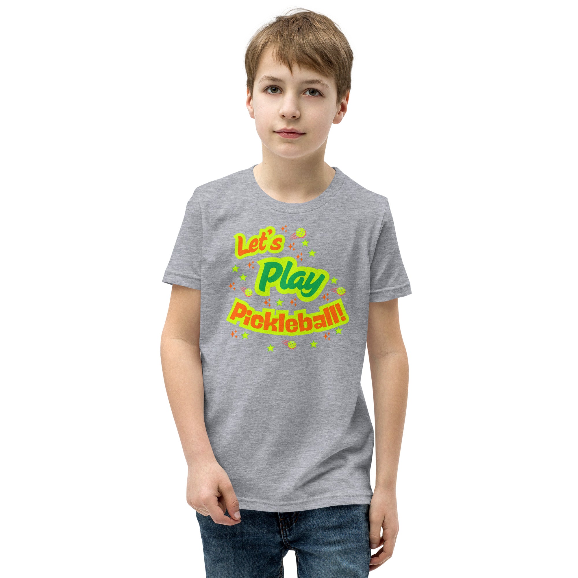 Youth neon pickleball graphic t-shirt for kids by PeaMac Pickleball Tees, featuring a playful pickleball design on athletic heather fabric.