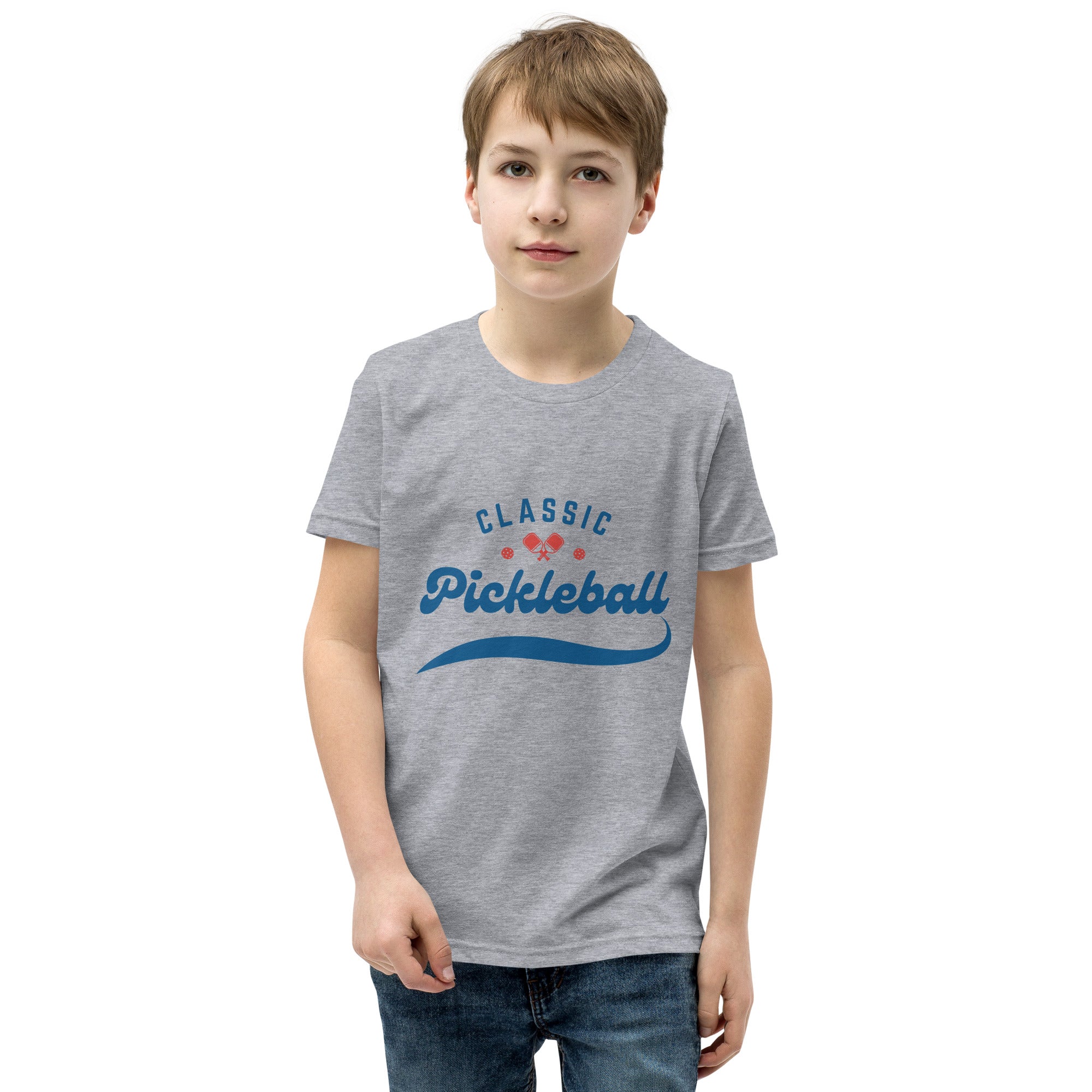 Youth PeaMac Pickleball T-Shirt for kids, athletic heather kids' sports tee for boys and girls, front view
