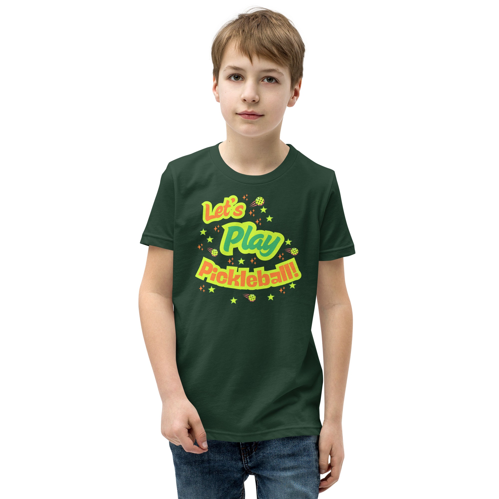 Youth Let’s Play Pickleball! neon graphic tee for kids by PeaMac Pickleball Tees, featuring colorful pickleball design on front.