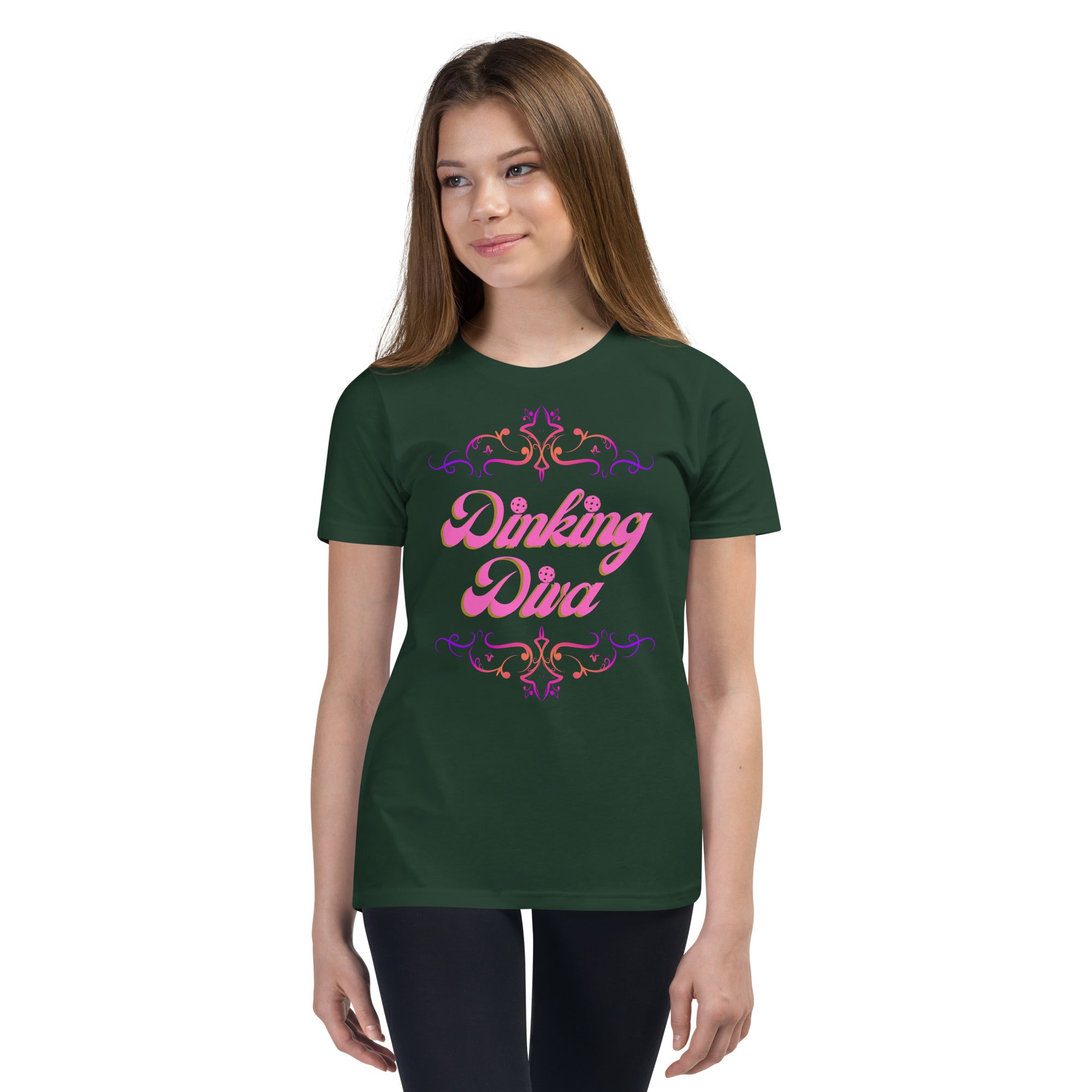 Pink Dinking Diva Youth Tee by PeaMac Pickleball Tees, a kids' pickleball shirt with a stylish pink filigree design, front view.