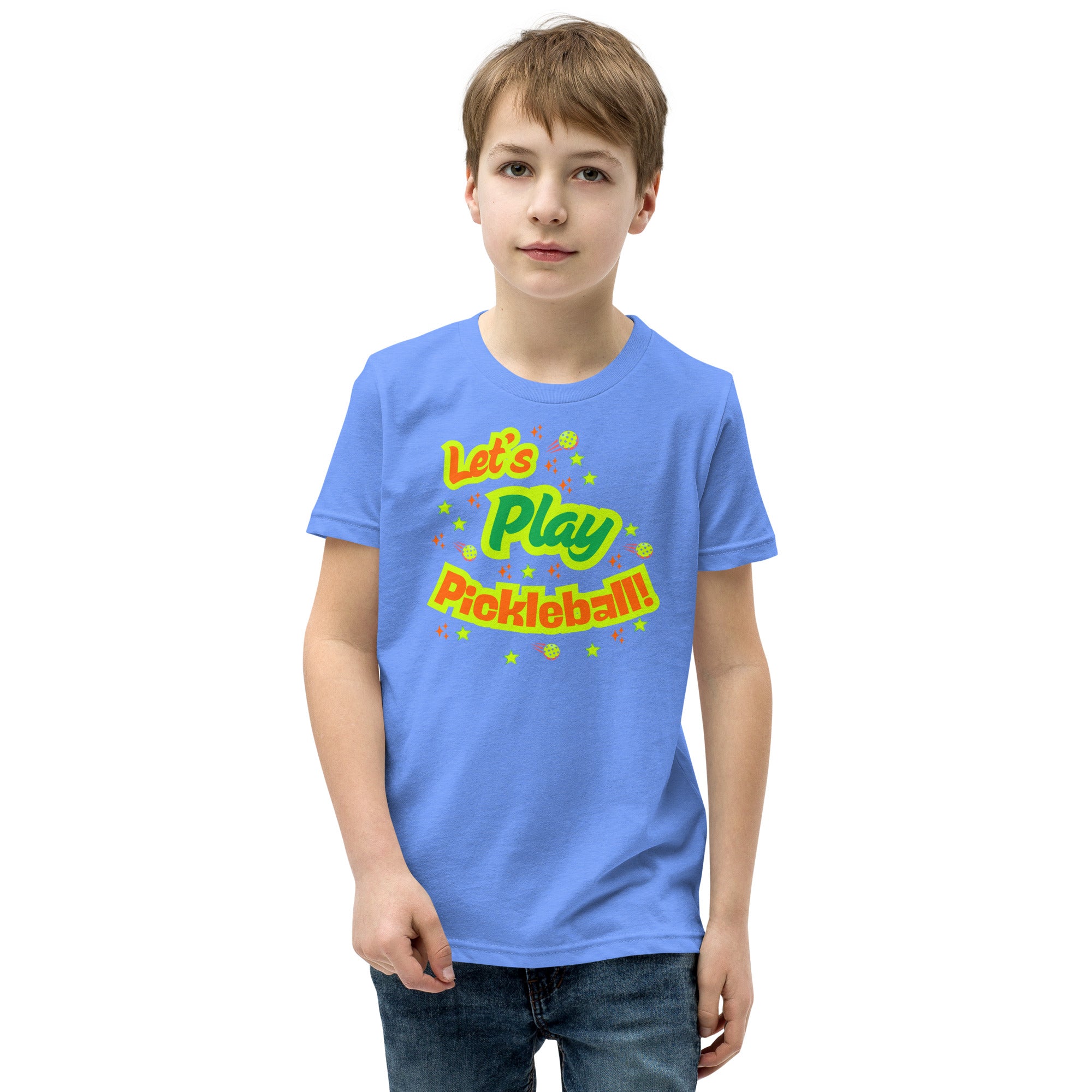 Youth Heather Columbia Blue T-shirt with neon pickleball graphic, PeaMac Pickleball Tees kids’ casual shirt for active play.