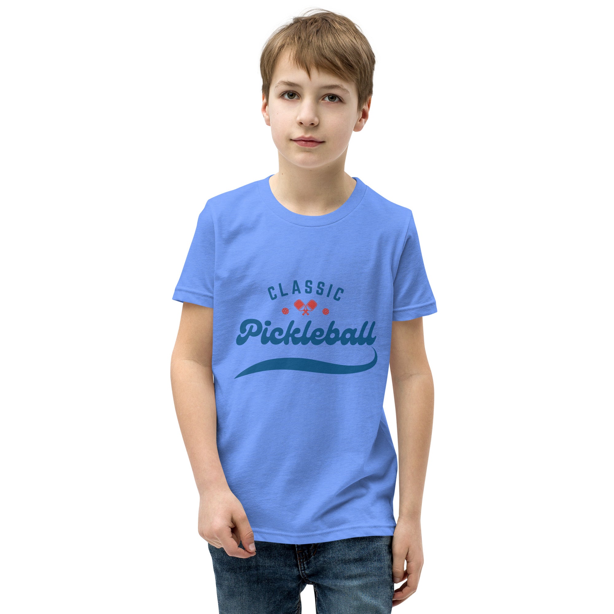 Heather Columbia blue youth pickleball T-shirt for kids, PeaMac Pickleball Tees, featuring a classic sports tee design for boys and girls.
