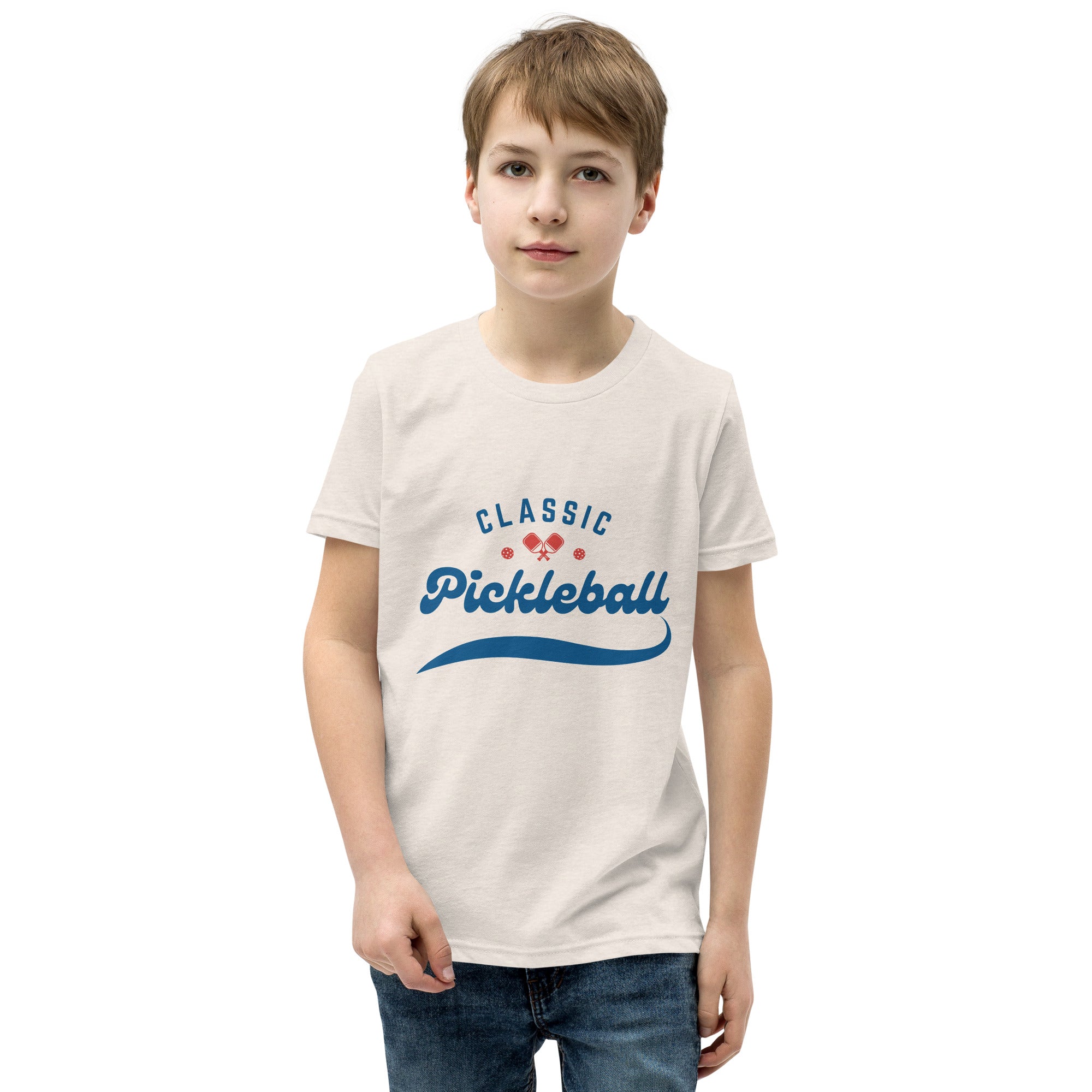 Kids' PeaMac Pickleball T-Shirt in heather dust, front view, classic youth sports tee for boys and girls, casual and comfortable.