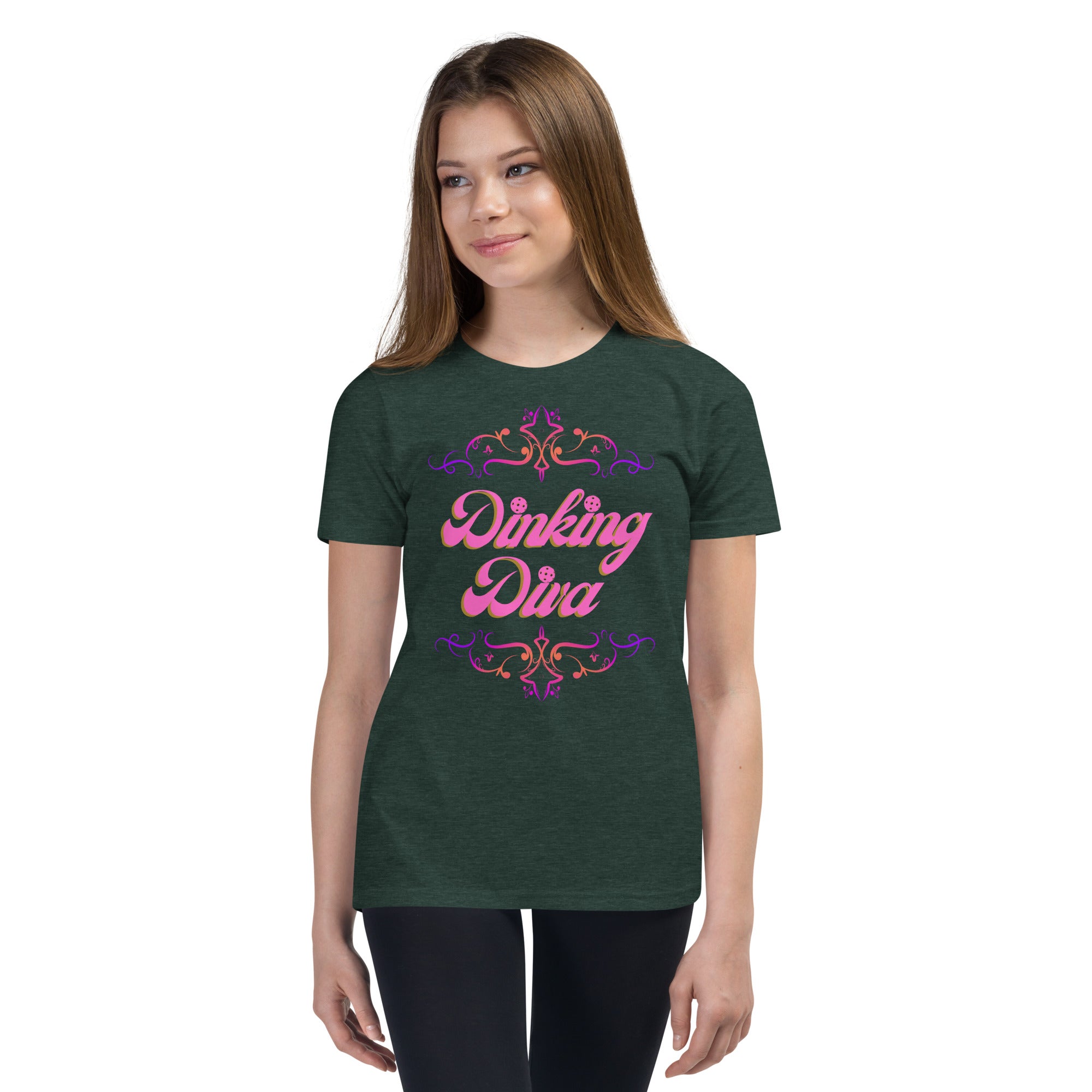 Pink Dinking Diva youth pickleball tee by PeaMac Pickleball Tees, featuring a heather forest-colored front design for kids' sportswear.