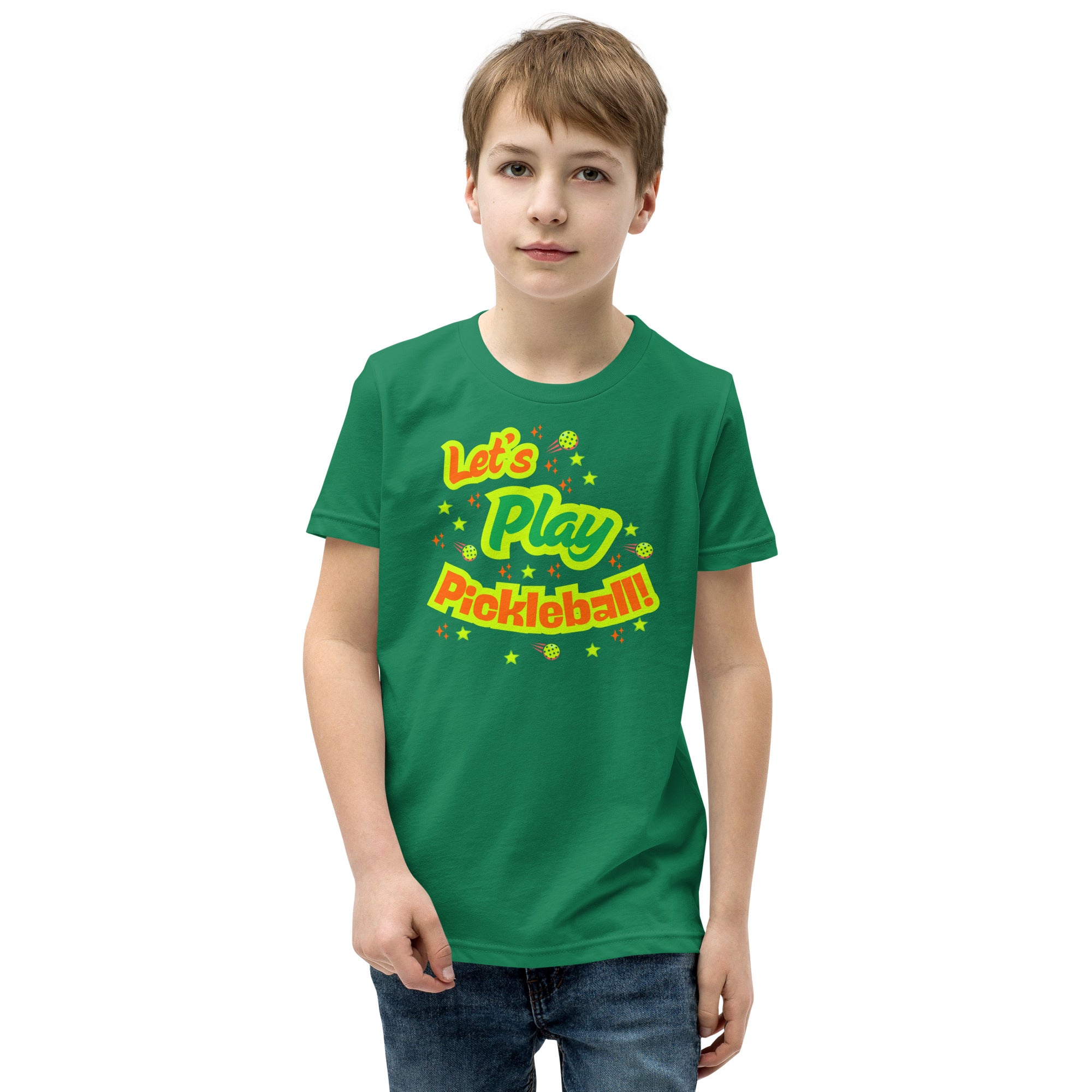Kids' neon green pickleball graphic t-shirt by PeaMac Pickleball Tees, featuring a fun playful design for youth.