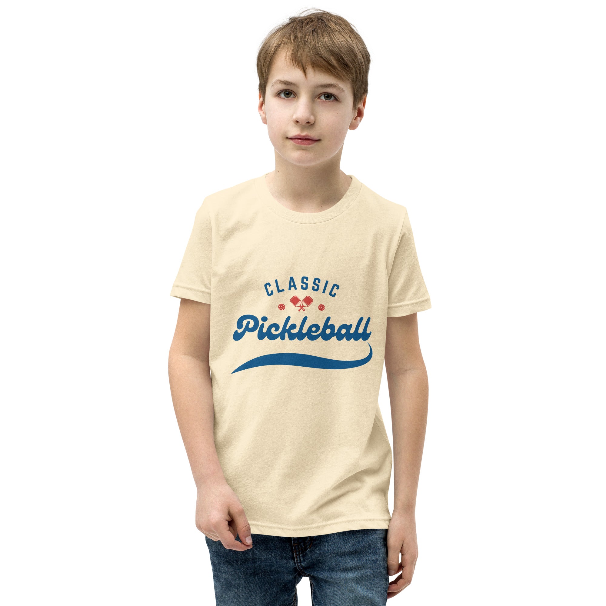 Youth PeaMac Pickleball T-Shirt for kids, natural color, front view, with classic pickleball graphic, suitable for boys and girls.