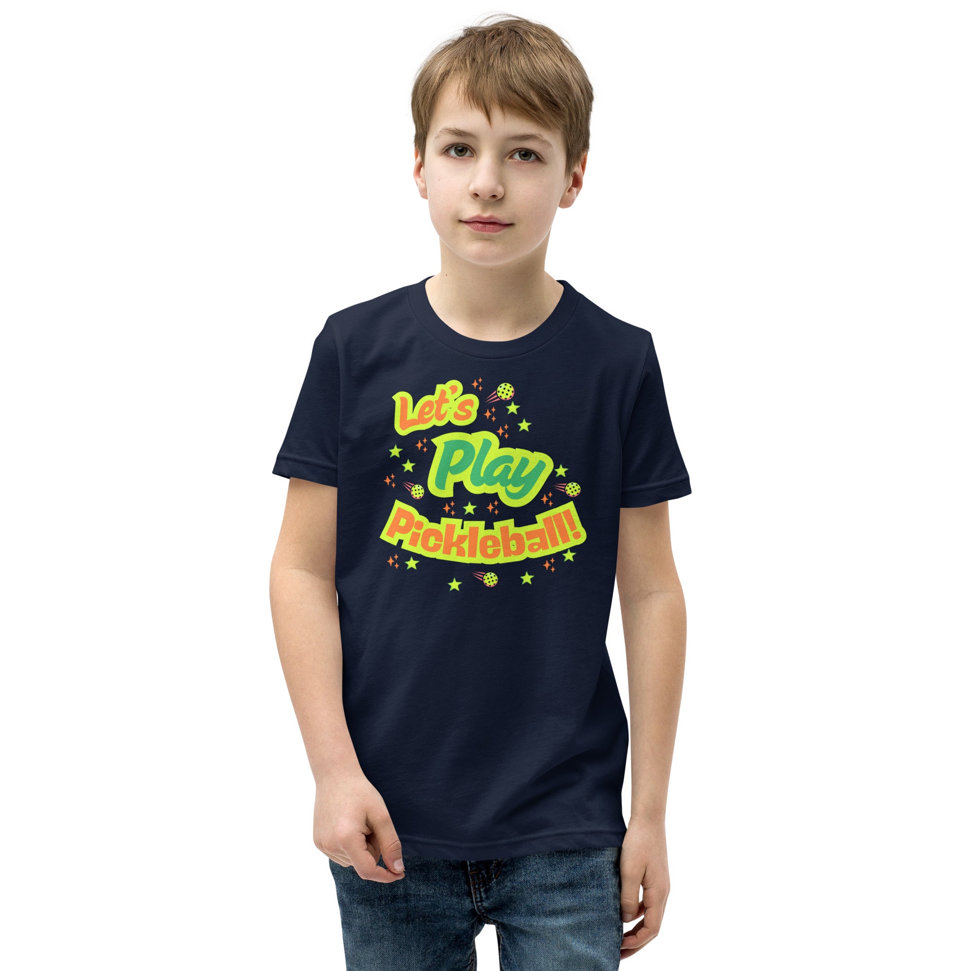 Navy youth T-shirt with neon pickleball graphic and "Let's Play Pickleball!" text, PeaMac Pickleball Tees kids' apparel.