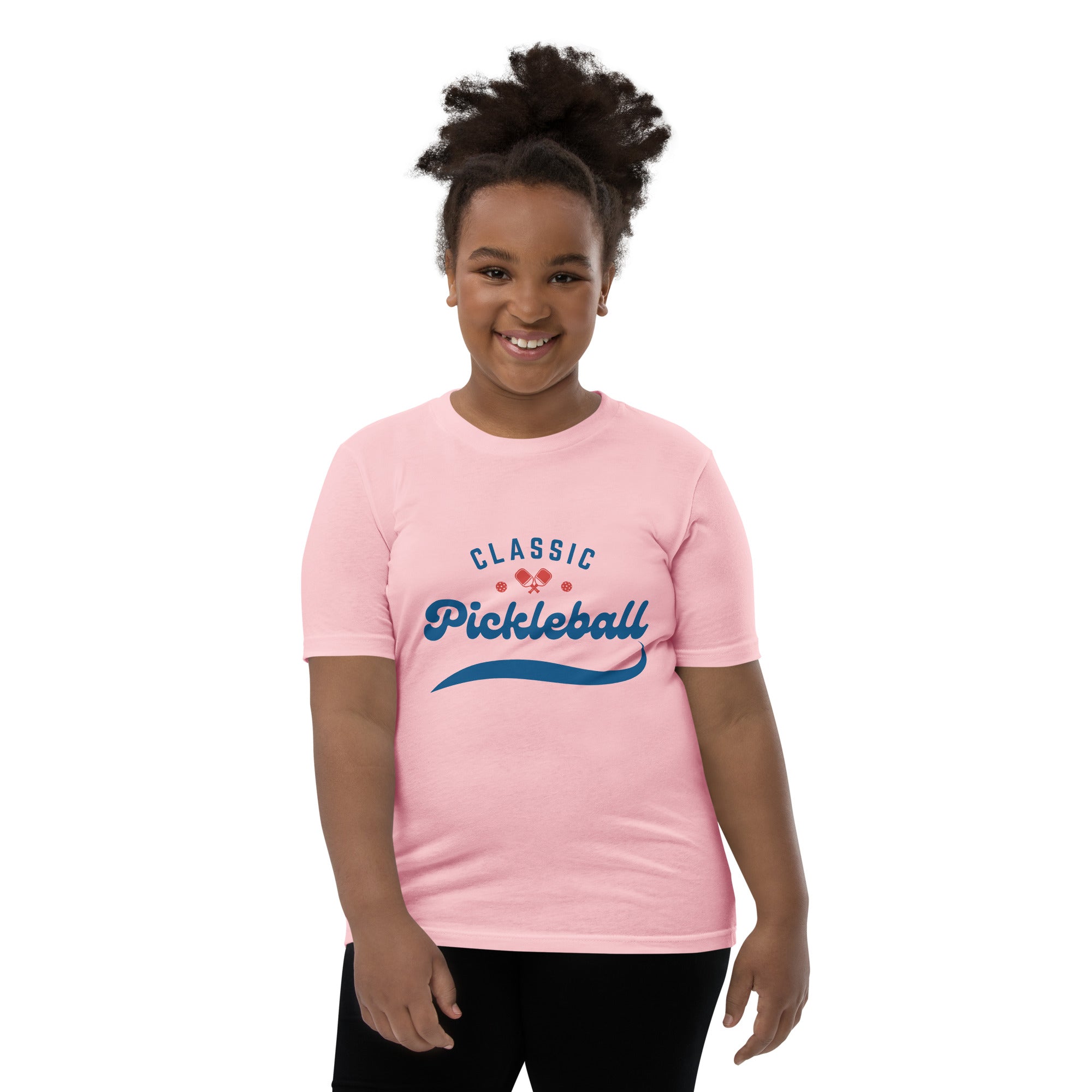 Pink Youth Classic Pickleball T-Shirt by PeaMac Pickleball Tees for boys and girls, front view showing comfortable kids' sports tee.