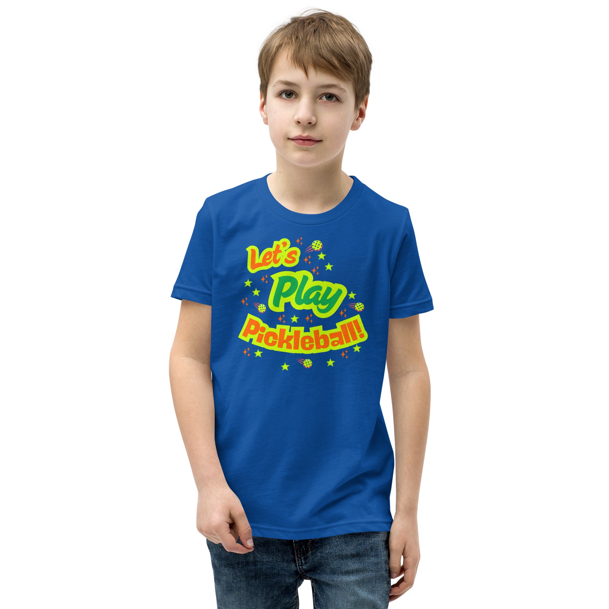 Bright neon blue youth pickleball graphic tee for kids by PeaMac Pickleball Tees, featuring a fun pickleball design on the front.