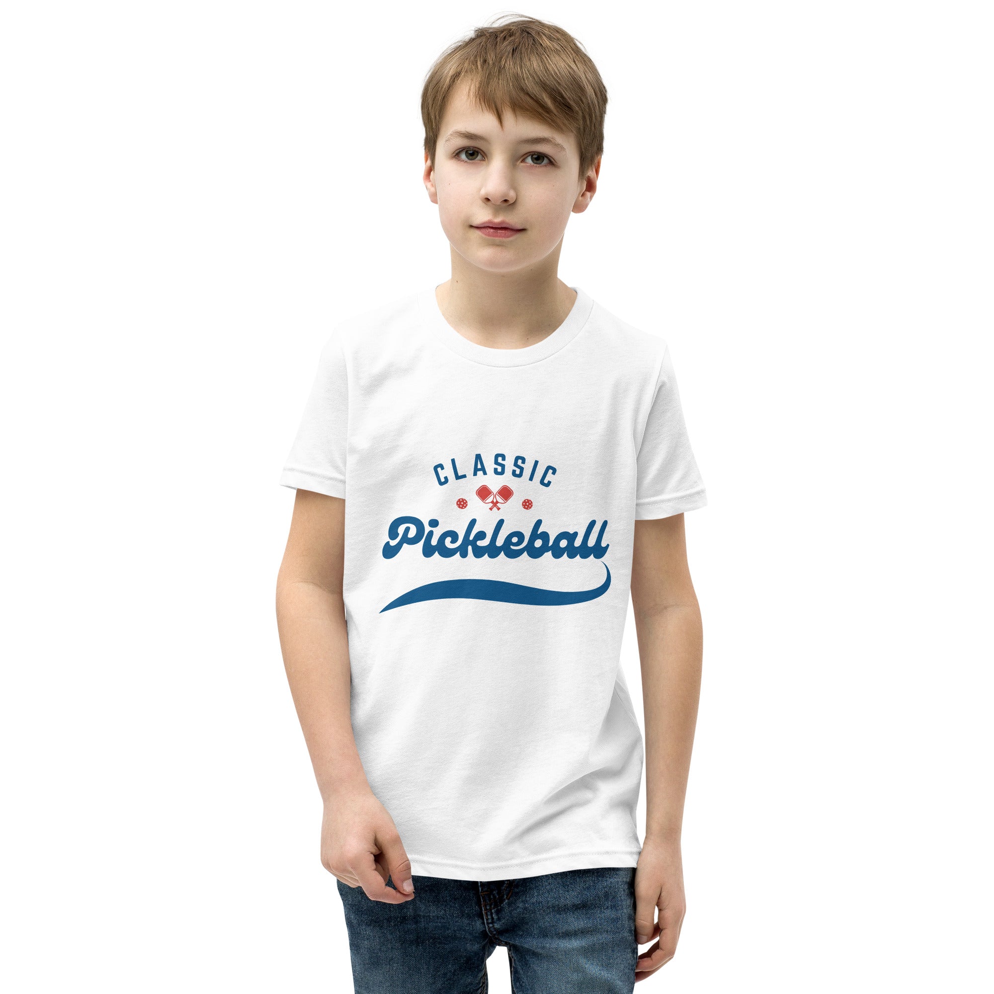 White youth PeaMac Pickleball Tee featuring classic design, perfect for boys and girls playing sports or casual wear.