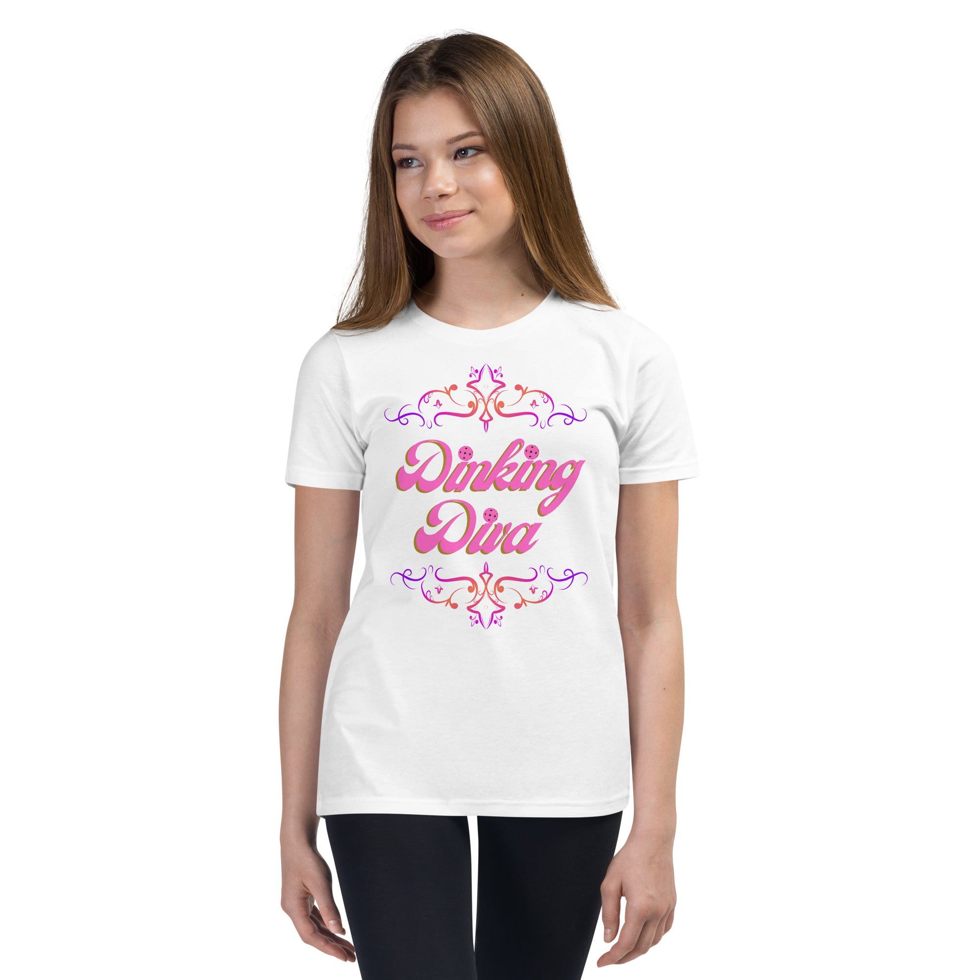 Pink Dinking Diva youth pickleball tee for kids by PeaMac Pickleball Tees, featuring a vibrant design on a white shirt.